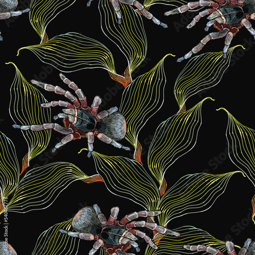 Embroidery meadow herbs and spider seamless pattern. Fashion botanical template for clothes, tapestry, t-shirt design