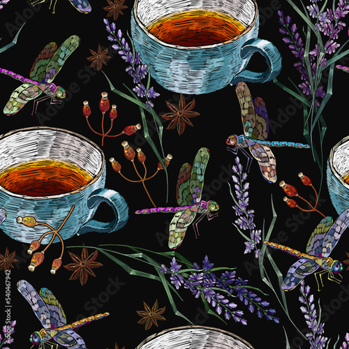Embroidery dragonflies, cup of tea, and lavender flowers, seamless pattern. Spring template of clothes, tapestry, t-shirt design. Fashion garden art