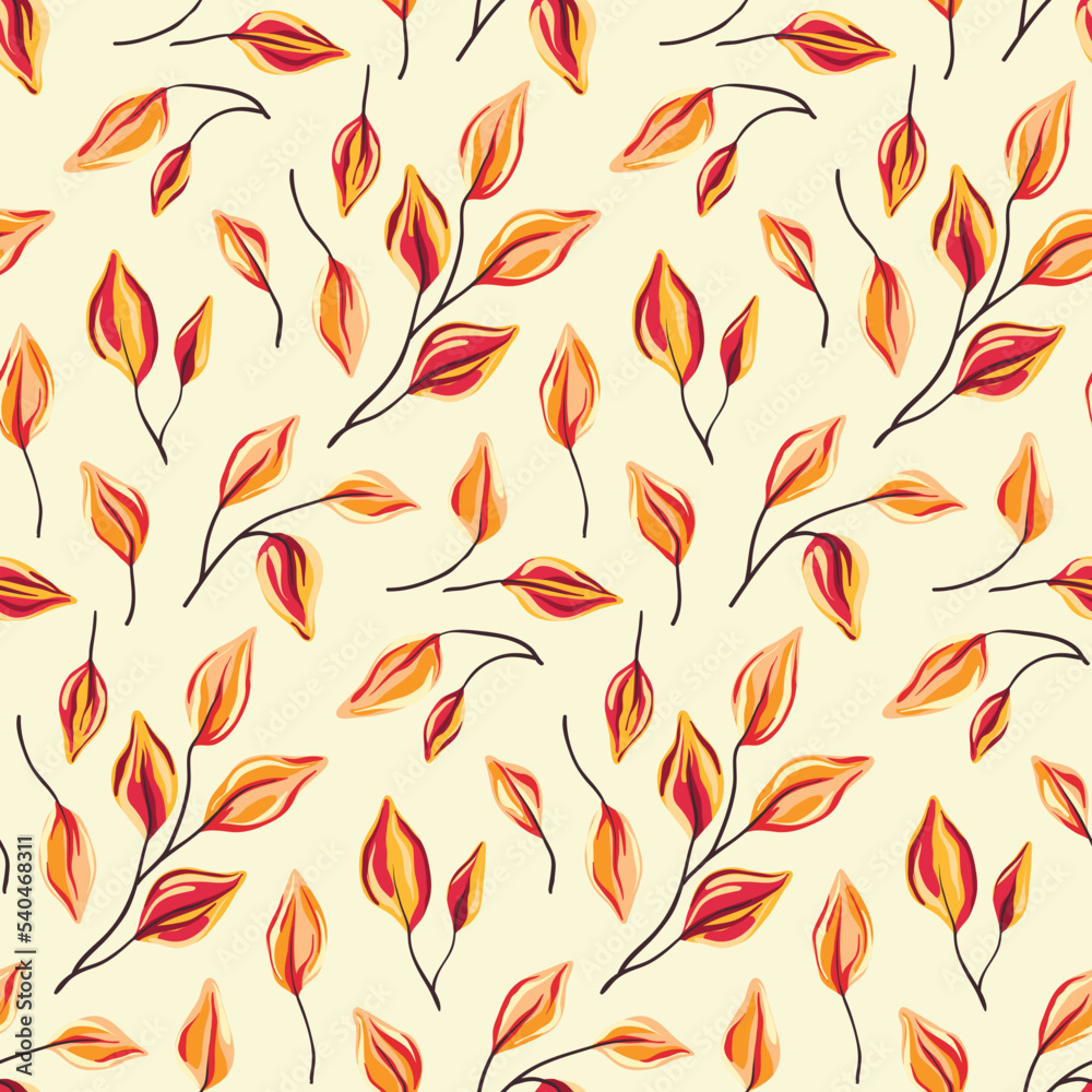 Seamless pattern, elegant botanical print with scattered foliage. Artistic surface design with painted autumn botany, hand drawn yellow leaves in abstract arrangement on light background. Vector.