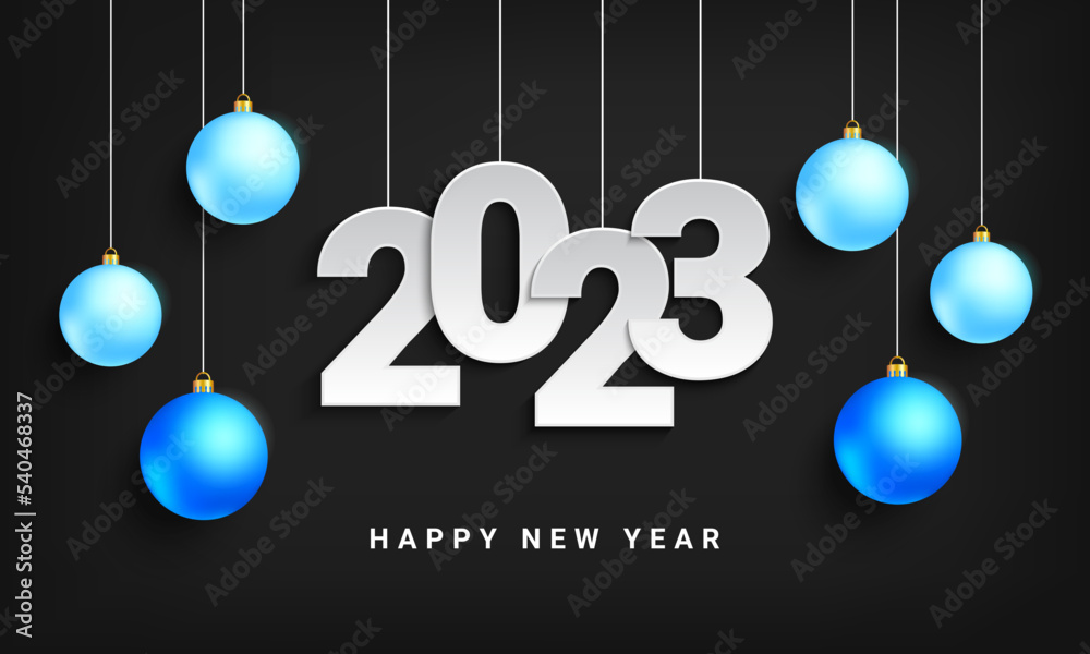 Happy new year 2023. Celebration design with hanging white numbers and blue ball decoration on black background. Vector illustration Happy new year 2023. Celebration design with hanging white numbers and blue ball decoration on black background. Vector illustration