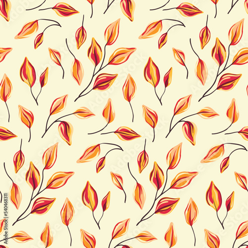 Seamless pattern, elegant botanical print with scattered foliage. Artistic surface design with painted autumn botany, hand drawn yellow leaves in abstract arrangement on light background. Vector. © Yulya i Kot