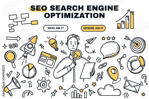 Social media analytics, sales management and digital marketing optimization concept. Doodle icons of seo technology, statistic analysis with charts and graphs. Online search vector illustration.