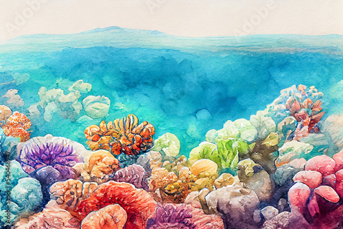Watercolor underwater life. painted coral reef  Great Barrier reef  underwater coral . Aquatic illustration for design  print or background. Beautiful wildlife. 3D rendering