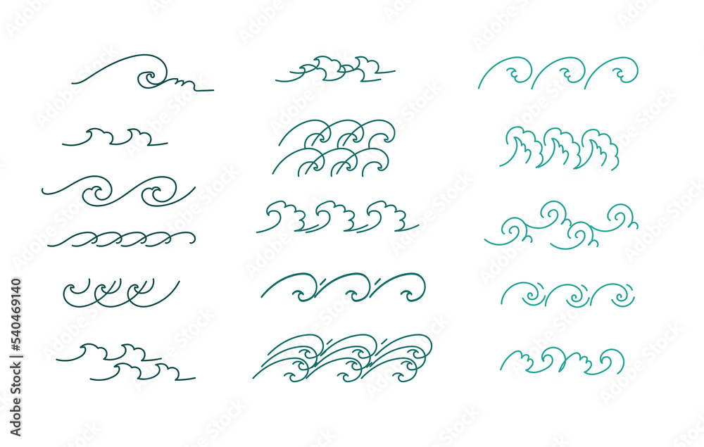 Wave sea, aqua flow line doodle set. Vector hand drawn sketch doodle outline illustration