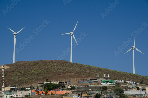 Wind turbines on a hill. Aguimes. Gran Canaria. Canary Islands. Spain.