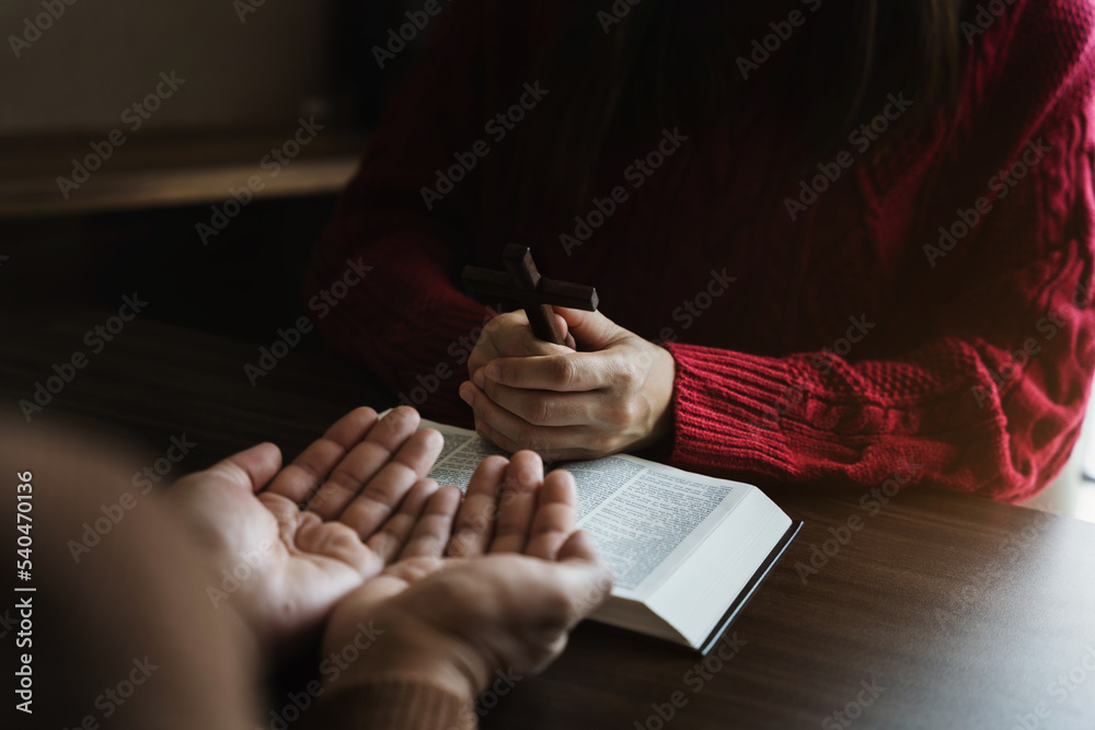 Obraz premium woman hands praying to god with the bible. Woman Pray for god blessing. Religious beliefs Christian life crisis prayer to god.