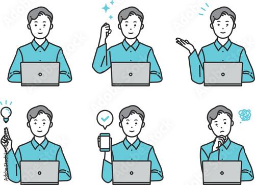 ノートパソコンを操作するミドル世代の男性セット