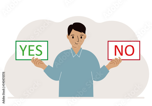 A man holds two banners Yes and No in his hands. Test question. Indecisive choice, argument, opposition, choice, dilemma, opponent's view.