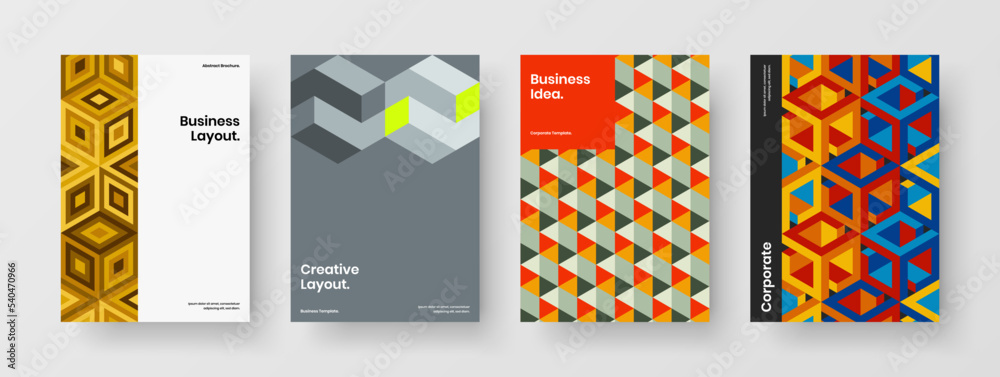 Unique poster vector design illustration collection. Modern mosaic hexagons booklet template bundle.