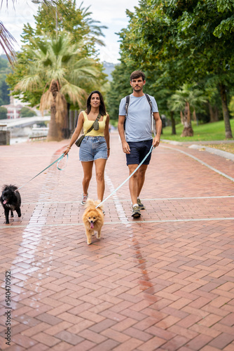 A young happy caucasian couple walking their dogs in a cloudy day in Spain in Bilbao and staring at the camera