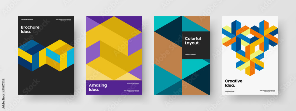 Amazing geometric shapes leaflet layout bundle. Unique journal cover A4 vector design template collection.