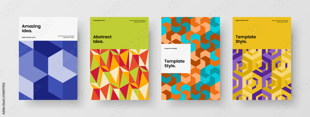 Modern geometric hexagons postcard layout collection. Minimalistic brochure A4 vector design illustration set.
