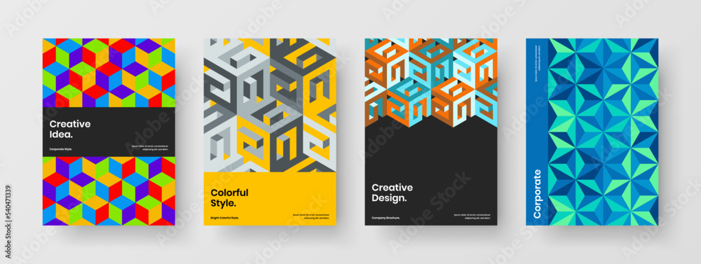 Original flyer vector design illustration composition. Simple mosaic hexagons pamphlet template set.