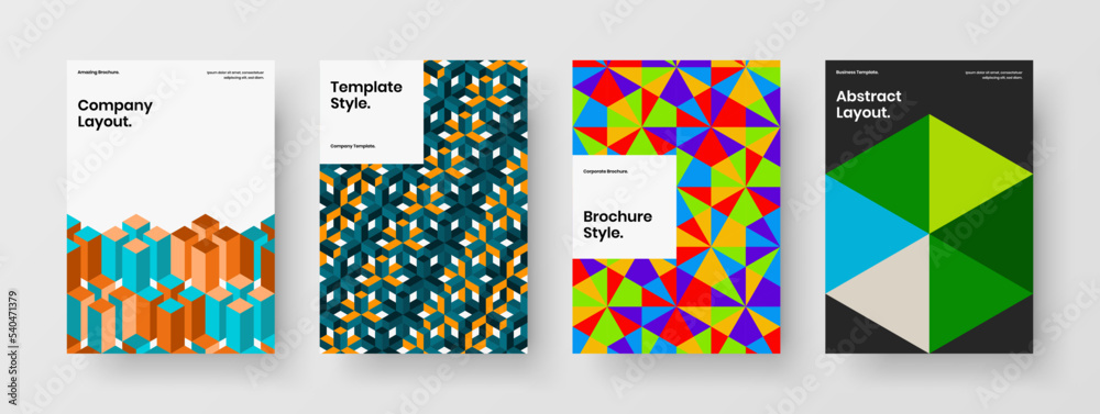 Unique catalog cover A4 vector design illustration composition. Trendy mosaic shapes presentation layout collection.