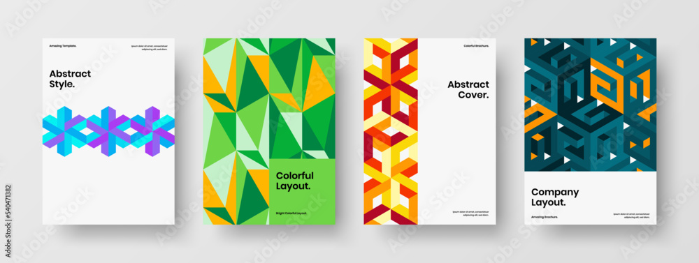 Original geometric hexagons company identity template composition. Vivid book cover A4 vector design layout collection.