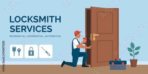 Professional locksmith service: locksmith repairing a door