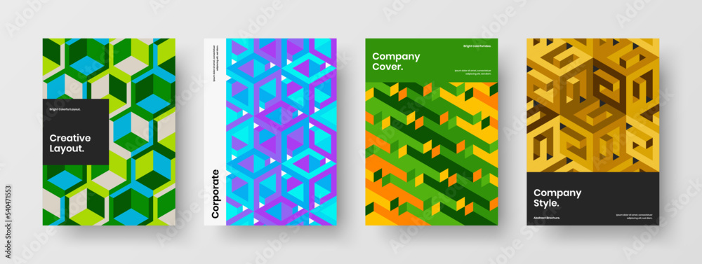 Vivid book cover A4 design vector illustration bundle. Simple mosaic pattern poster template set.
