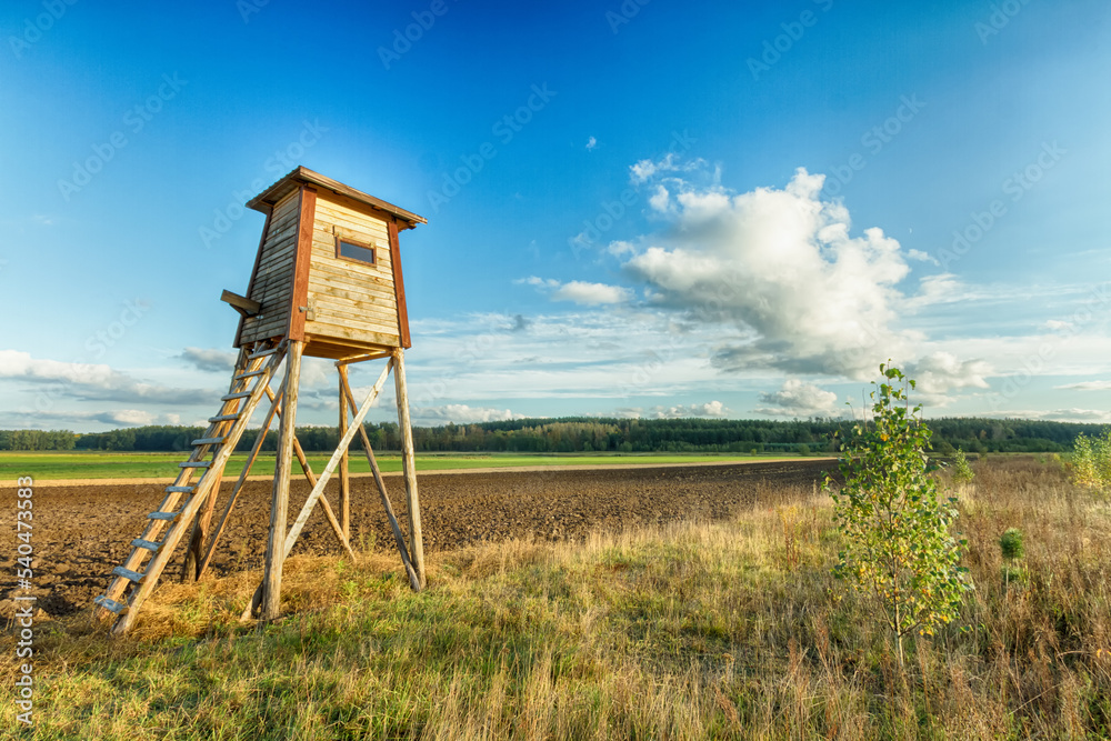 Landscape with hunting lodge in middle of meadow amazing blue sky with clouds	