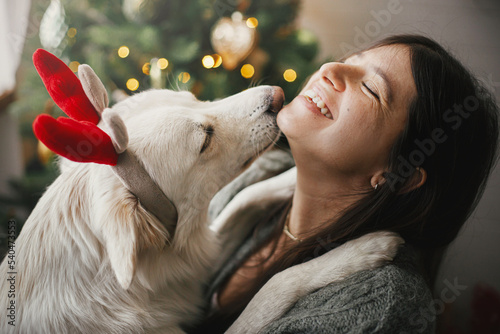 Foto Cute dog in reindeer antlers playing with owner at stylish christmas tree