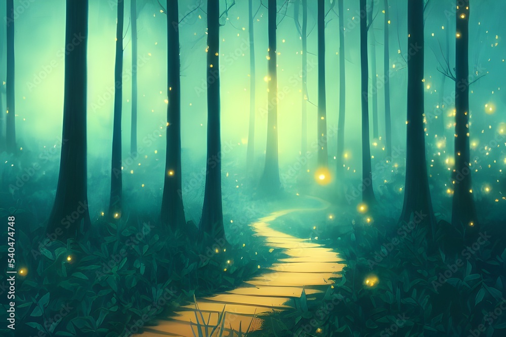 Fototapeta premium Fantasy forest with fireflies, magic orbs and more.