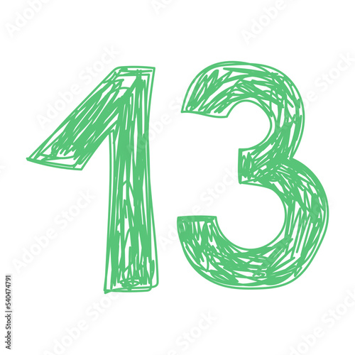 Number 13. Hand drawn line sketch digit. Children's drawing