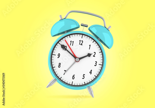 Blue 3d alarm clock on yellow background. 3d rendering