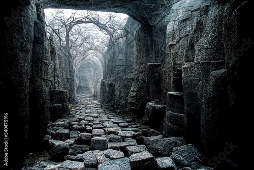 Dark dungeon catacomb underground tunnel spectacular halloween passage 3D illustration