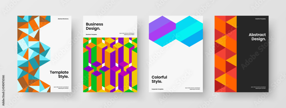 Abstract magazine cover A4 design vector template set. Fresh geometric tiles presentation concept bundle.