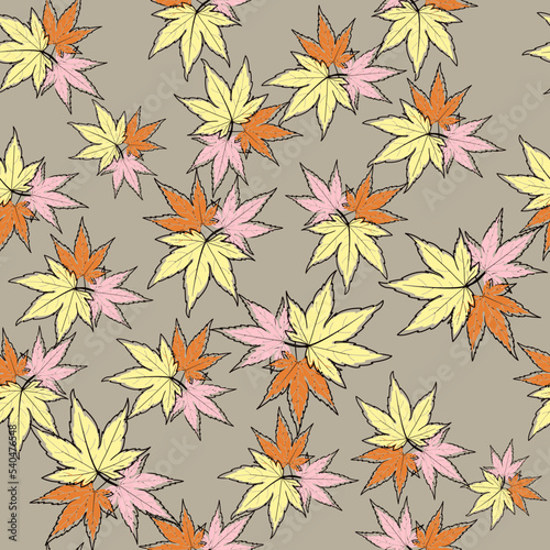 Abstract seamless vector pattern  colored maple leaves in yellow  pink and orange tones on a beige background.