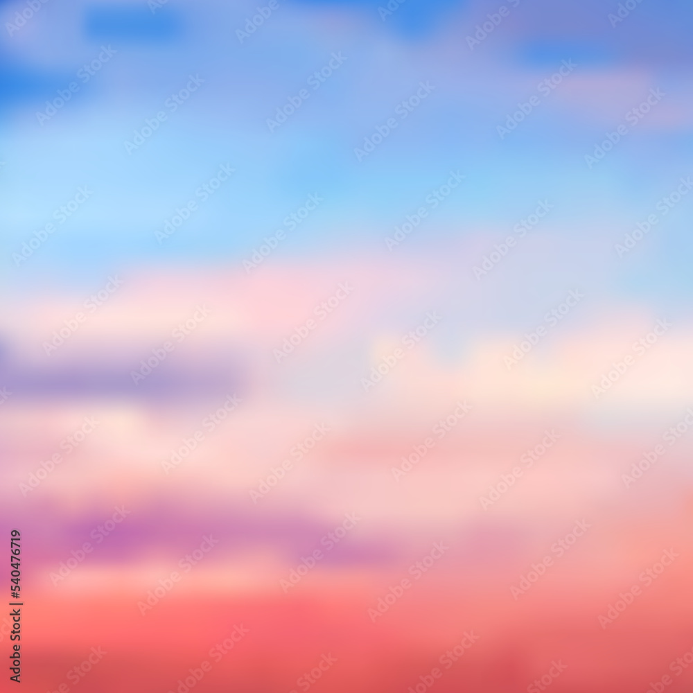 Color blurred sunset sky background. Beautiful color transitions from blue shades to pink shades and purple to red, vector.