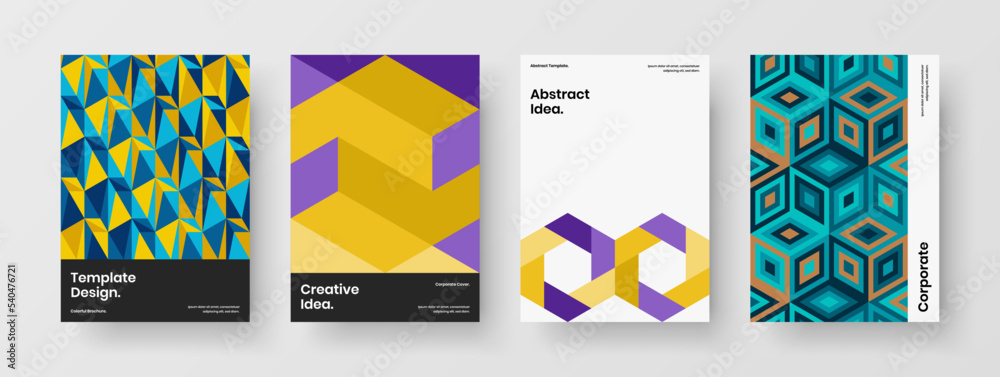 Colorful geometric shapes front page layout set. Premium pamphlet vector design illustration collection.