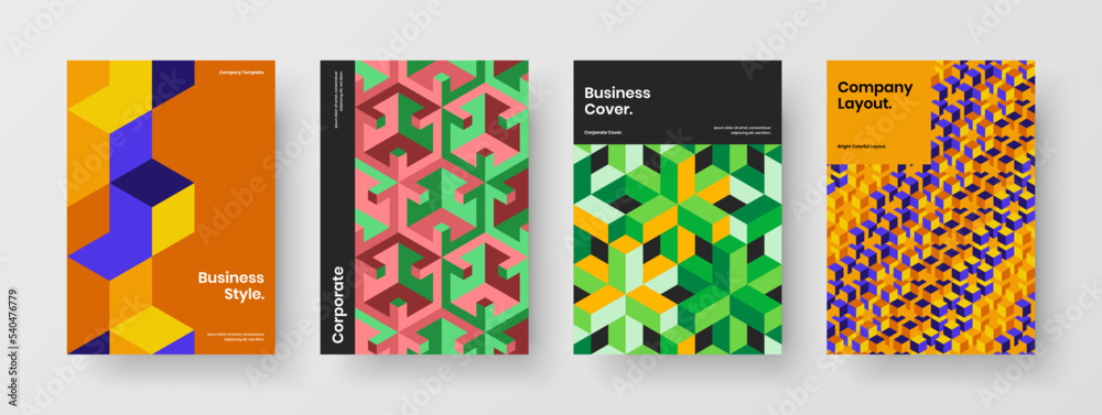 Vivid geometric shapes corporate brochure template composition. Creative book cover design vector concept collection.
