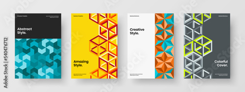 Premium poster design vector concept collection. Multicolored geometric hexagons cover template bundle.