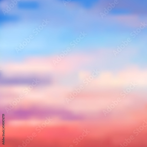Color blurred sunset sky background. Beautiful color transitions from blue shades to pink shades and purple to red, vector.