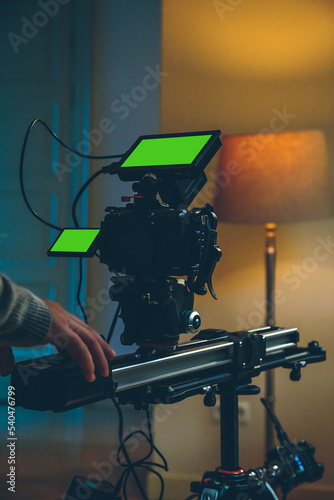 the movie camera shoots on the set close up