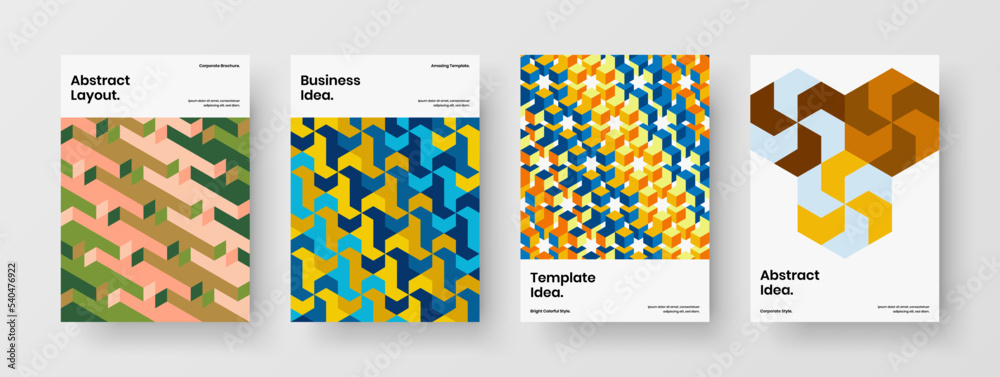 Amazing book cover A4 vector design template set. Abstract geometric shapes company brochure illustration collection.