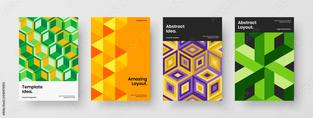 Multicolored mosaic shapes front page concept bundle. Clean pamphlet A4 vector design layout composition. Multicolored mosaic shapes front page concept bundle. Clean pamphlet A4 vector design layout composition.