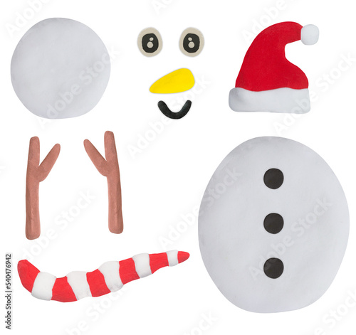 part of christmas snowman made from plasticine on white background for graphic designer use
