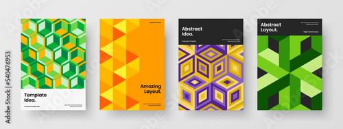 Multicolored mosaic shapes front page concept bundle. Clean pamphlet A4 vector design layout composition.