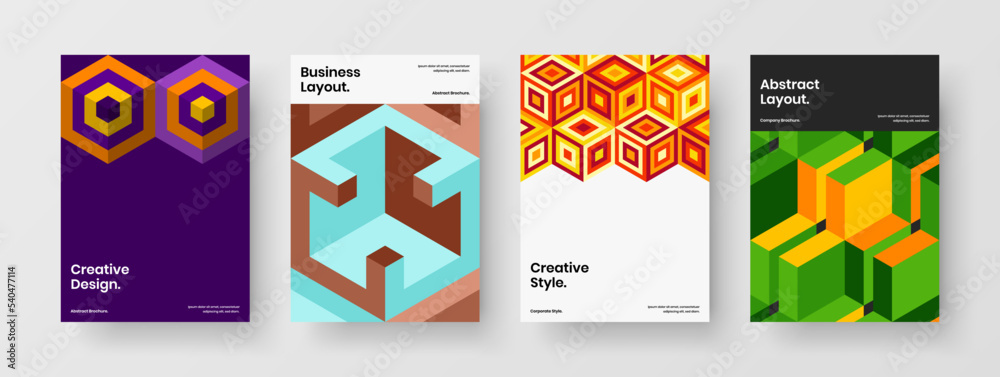 Abstract booklet A4 vector design concept set. Fresh geometric shapes corporate brochure layout composition.