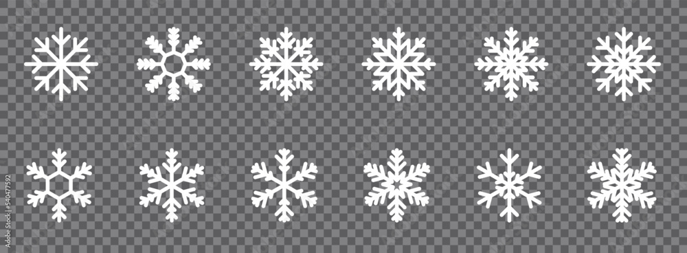 White snowflake icon set on transparent background. Vector EPS 10
