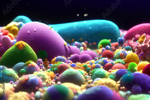 Microbiome, bacteria, under microscope, illustration, science, conceptual illustration, microbes