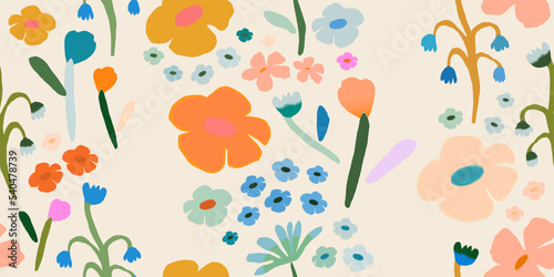 Bright hand drawn simple abstract floral print. Cute collage pattern. Fashionable template for design.