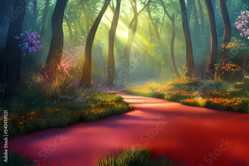 sunrise in the fantasy forest digital art illustration