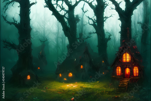 spooky huts in the dark fantasy forest digital art illustration
