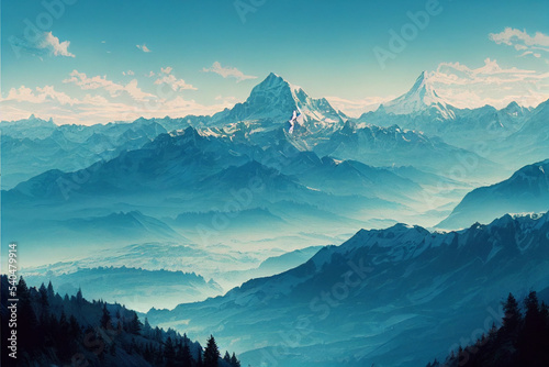 Digital Painting of an ice cold landscape with mountains