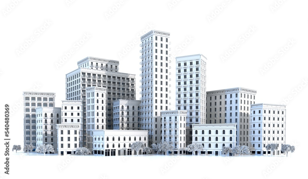 3d rendering illustration of beautiful city buildings. Banks, offices, residential buildings with apartments. City lifestyle, modern town	
