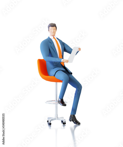 Successful businessman sits on the chair and works with documents. 3D rendering illustration