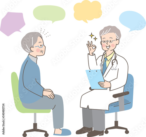 シニア男性に診察をする男性医師のベクターイラスト素材/安心