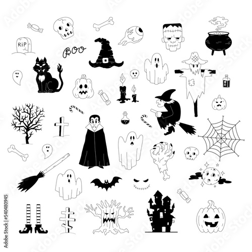 Hand-drawn isolated vector doodle set of Halloween elements. Cartoon sketch collection.
